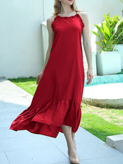 Ruffle Trim Solid Color Split-Joint Tied A-line High Waisted Spaghetti-Neck Midi Dresses