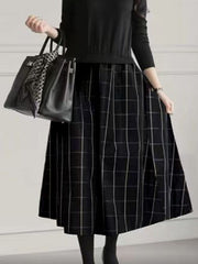 Plaid Pleated Split-Joint A-Line Long Sleeves Round-Neck Midi Dresses
