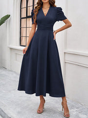 Pleated Solid Color Zipper A-Line High Waisted V-Neck Maxi Dresses