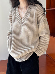 Hollow Solid Color Long Sleeves Loose V-Neck Sweater Tops Pullovers