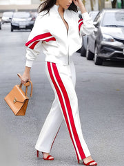 Split-Joint Striped Zipper Long Sleeves Loose Stand Collar Outerwear
