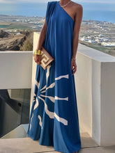Asymmetric Printed Split-Joint A-Line Loose One-Shoulder Maxi Dresses