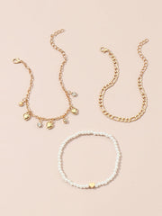 Beaded Chains Tasseled Triple Layered Anklets