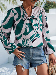 Elasticity Printed Tied Bishop Sleeve Long Sleeves V-Neck Blouses&Shirts Tops