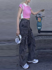 Gradient Pockets Split-Joint High Waisted Loose Jean Pants Bottoms