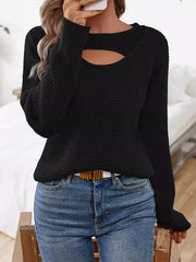 Hollow Solid Color Split-Joint Long Sleeves Loose Round-Neck Sweater Tops Pullovers
