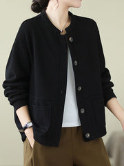 Buttoned Keep Warm Pockets Velvet Long Sleeves Loose Round-neck Outerwear