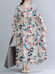 Casual Floral Printed Split-Joint Round-Neck Flared Batwing Sleeves Loose Maxi Dress