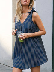 Bowknot Split-Joint Striped Sleeveless V-neck Shirt Dress Mini Dresses