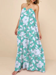 Chest Pad Flower Print A-Line Loose Tube Maxi Dresses