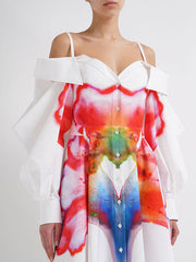 Buttoned Contrast Color Floral Printed Pleated Zipper Off-The-Shoulder Midi Dresses