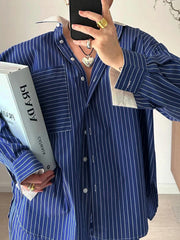 Striped Lapel Long Sleeves Loose Buttoned Pockets Split-Joint Blouses Tops + Pants Bottom Two Pieces Set