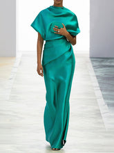 Loose Short Sleeves Pleated Solid Color Maxi Dresses