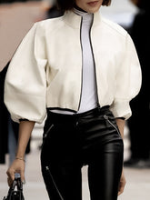 Puff Sleeves Loose Solid Color Zipper Stand Collar Jackets Outerwear