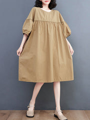 Solid Color Loose Short Sleeves Round-neck Midi Dresses