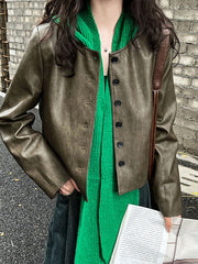 Buttoned Pockets Long Sleeves Loose Round-neck Jackets