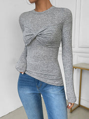 Knot Solid Color Long Sleeves Skinny Round-Neck T-Shirts Tops