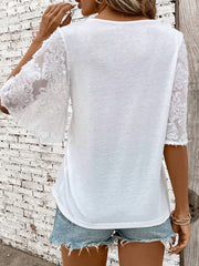 Jacquard See-Through Split-Joint Loose Short Sleeves V-neck T-shirts
