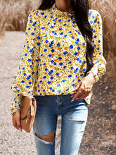 Elasticity Flower Print Ruffled Long Sleeves Loose Mock Neck Blouses&Shirts Tops