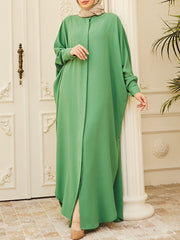 Buttoned Muslim Solid Color Split-Side Batwing Sleeves Loose Round-Neck Muslim Abaya Maxi Dresses