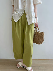 Elasticity Pleated Solid Color Split-Joint High Waisted Loose Trousers Pants