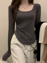 Solid Color Long Sleeves Skinny Square-Neck T-Shirts Tops