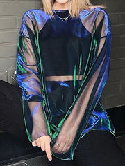 Gauze See-Through Long Sleeves Loose Round-neck T-Shirts Tops