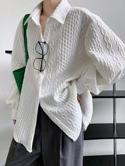 Simple Loose Long Sleeves Buttoned Solid Color Textured Lapel Collar Blouses&Shirts Tops