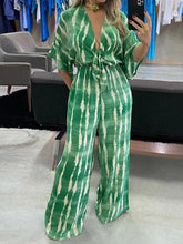 Printed Split-Joint Loose Plus Size Deep V-Neck Jumpsuits