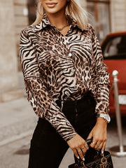 Leopard Printed Long Sleeves Loose Lapel Blouses