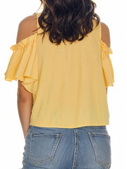 Buttoned Elasticity Solid Color Loose Ruffle Sleeves Cold Shoulder T-Shirts Tops