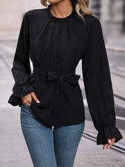 Elasticity Pleated Solid Color Tied Flared Sleeves Long Sleeves Round-neck Blouses&shirts Tops