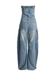 Buttoned Hollow Pockets Wide Leg High Waisted Sleeveless Tube Jumpsuits
