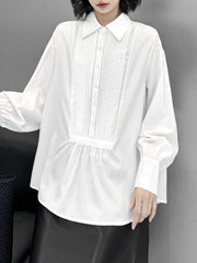 Buttoned Pleated Solid Color Long Sleeves Loose Polo Blouses&Shirts Tops