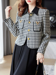 Buttoned Houndstooth Pockets Split-Joint Long Sleeves Plus Size Lapel Outerwear