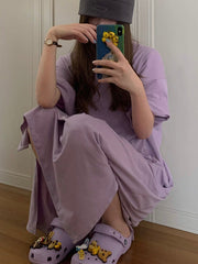 Casual Loose Short Sleeves Split-Side Solid Color Round-Neck Midi Dresses