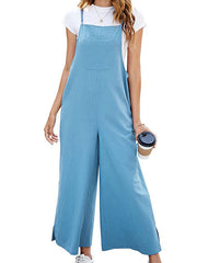 Pockets Solid Color Split-Side Loose Ninth Pants Spaghetti-Neck Overalls