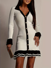 Buttoned Contrast Color Ruffled Bodycon High Waisted V-Neck Mini Dresses Knit Dresses