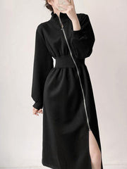 Asymmetric Split-Front Zipper Long Sleeves High Neck Midi Dresses