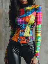 Long Sleeves Skinny Contrast Color Mock Neck Blouses&Shirts Tops