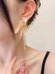 Geometric Rhine Stones Tasseled Drop Earrings
