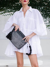 Pleated See-Through Solid Color Split-Joint Loose Puff Sleeves Lapel Shirt Dress Mini Dresses
