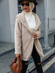 Simple Long Sleeves Loose Solid Color Zipper Plush Hooded Outerwear