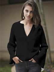 Casual Long Sleeves Loose Solid Color V-Neck Sweater Tops