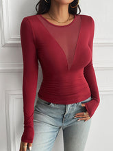 See-Through Solid Color Long Sleeves Skinny Deep V-Neck T-Shirts Tops