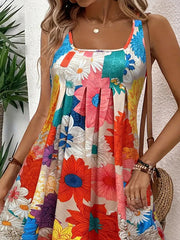 Flower Print Pleated A-Line High Waisted Round-Neck Mini Dresses