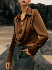 Hollow Solid Color Split-Joint Long Sleeves Loose Lapel Blouses&Shirts Tops