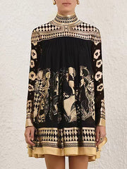 Bronzing Printed Split-Joint A-line Long Sleeves Mock Neck Mini Dresses