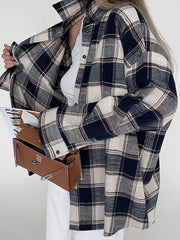 Plaid Split-Joint Long Sleeves Loose Lapel Blouses&Shirts Tops