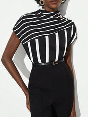 Asymmetric Split-Joint Striped Batwing Sleeves Loose High Neck T-Shirts Tops